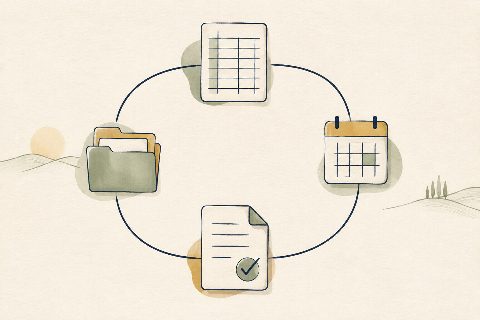 A calm continuous cycle linking records, routine work, known obligations and a prepared year-end.